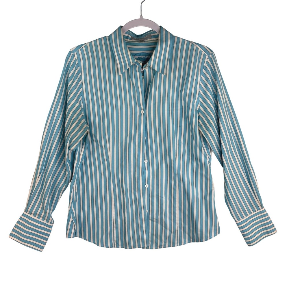 Foxcroft Non-Iron Fitted Striped Button Down Shirt Blue White 12P Petite Cotton